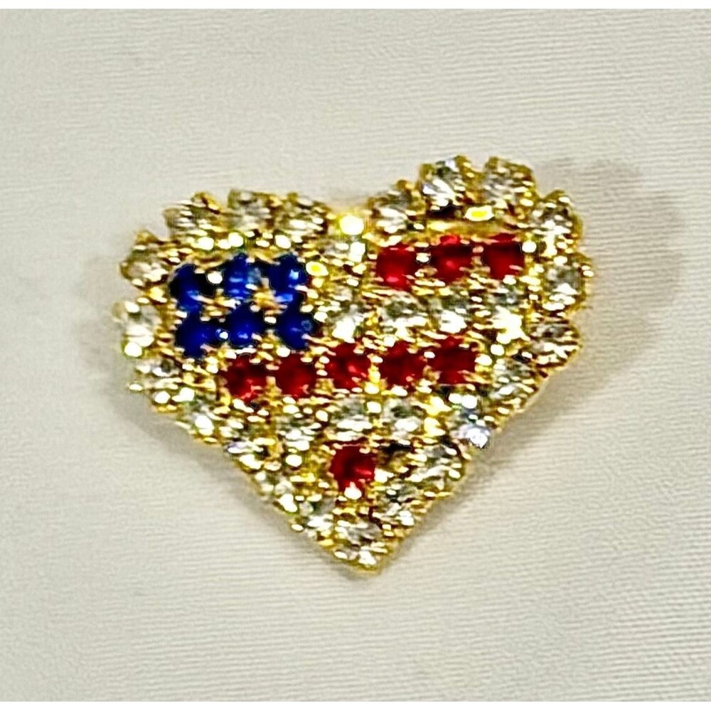 Vintage Gold Tone American Flag Crystal Heart Brooch Patriotic Pin